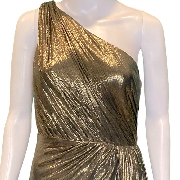 NWT Ieena for Mac Duggal 26537 Gold Metallic Draped One Shoulder Gown- Sz 2 & 4 - Picture 5 of 11